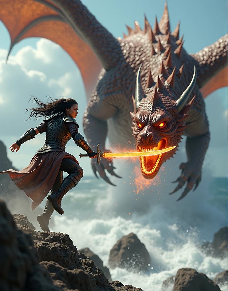cinematic shot of warrior woman jumping from a rock and stabbing fiery dragon into its neck, water and rocks around
