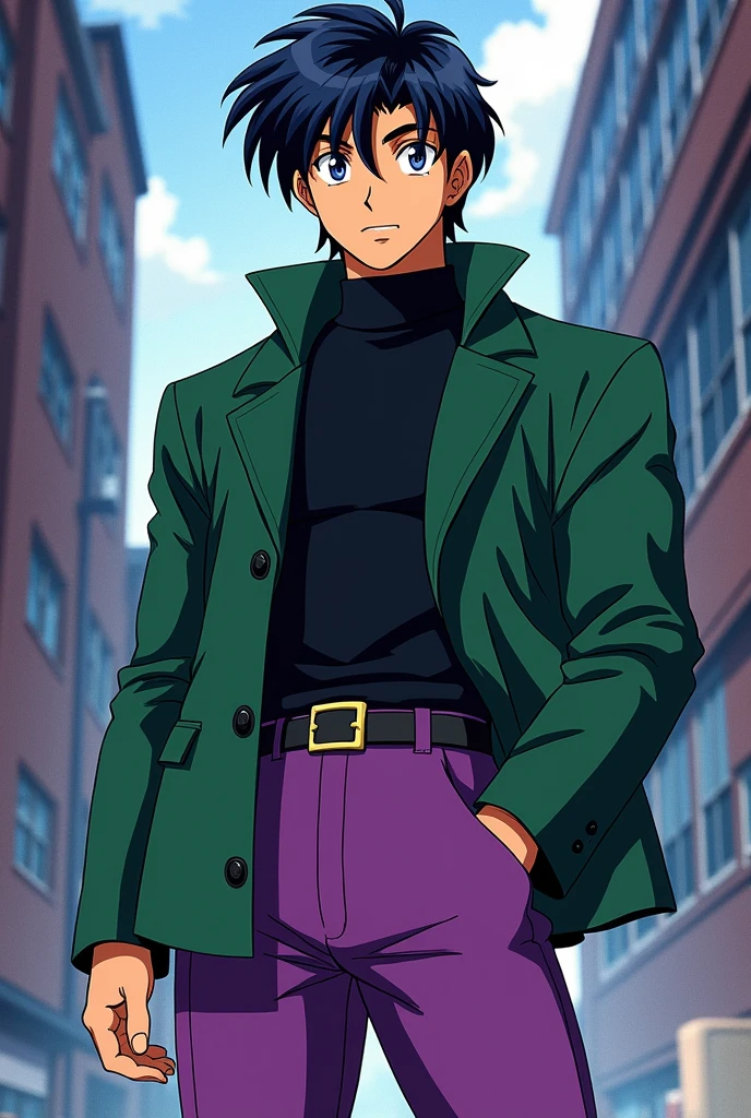 Mamoru chiba sailor moon 90's anime style, middle hair, blue eyes, purple pants, green jacket, black sweater and muscular body