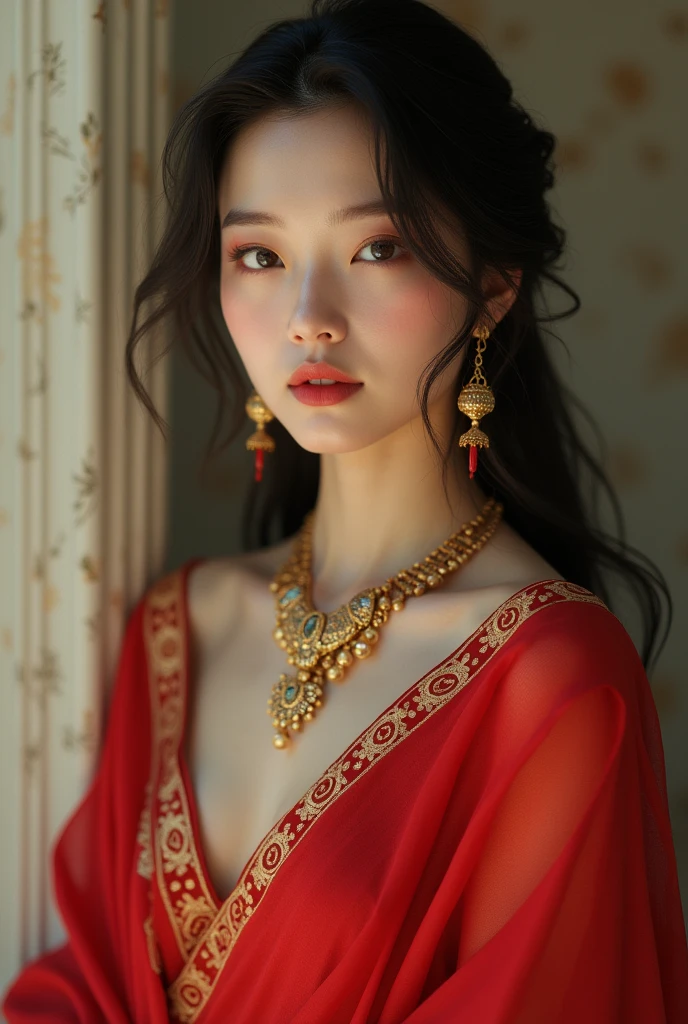 A beautiful japanese girl which wearing a red saree and yellow bra and jwellery