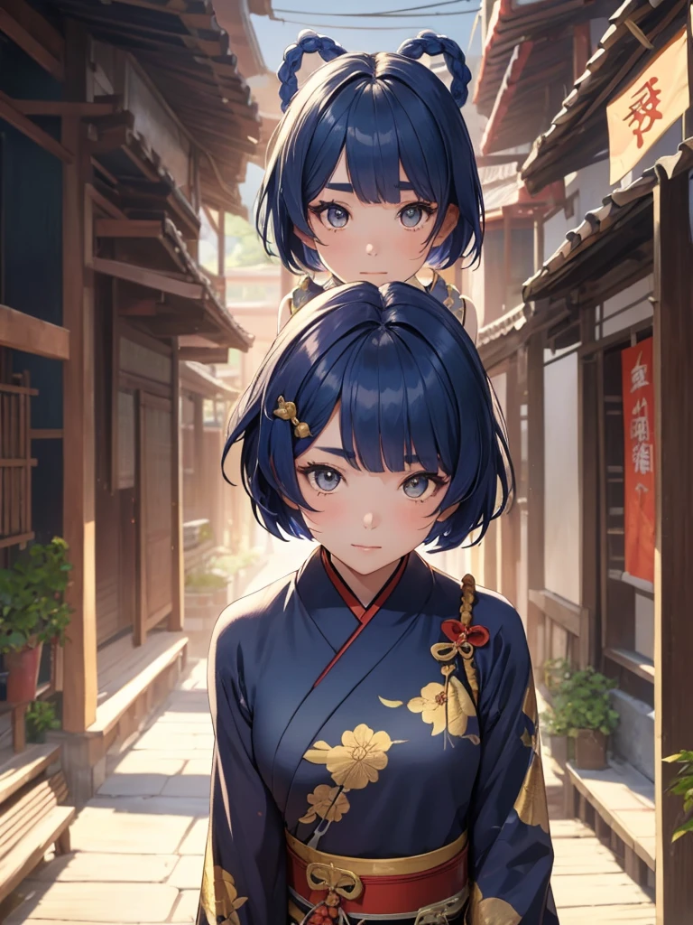 (Xiangling), 1girl, wearing a long Japanese kimono, at a village, (dark blue colour short hair),(Xiangling's hair style) 8k, high detailed, high quality