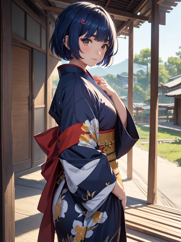 (Xiangling), 1girl, wearing a long Japanese kimono, at a village, (dark blue colour short hair),(Xiangling's hair style) 8k, high detailed, high quality