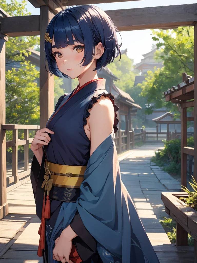 (Xiangling), 1girl, wearing a long Japanese kimono, at a village, (dark blue colour short hair),(Xiangling's hair style) 8k, high detailed, high quality