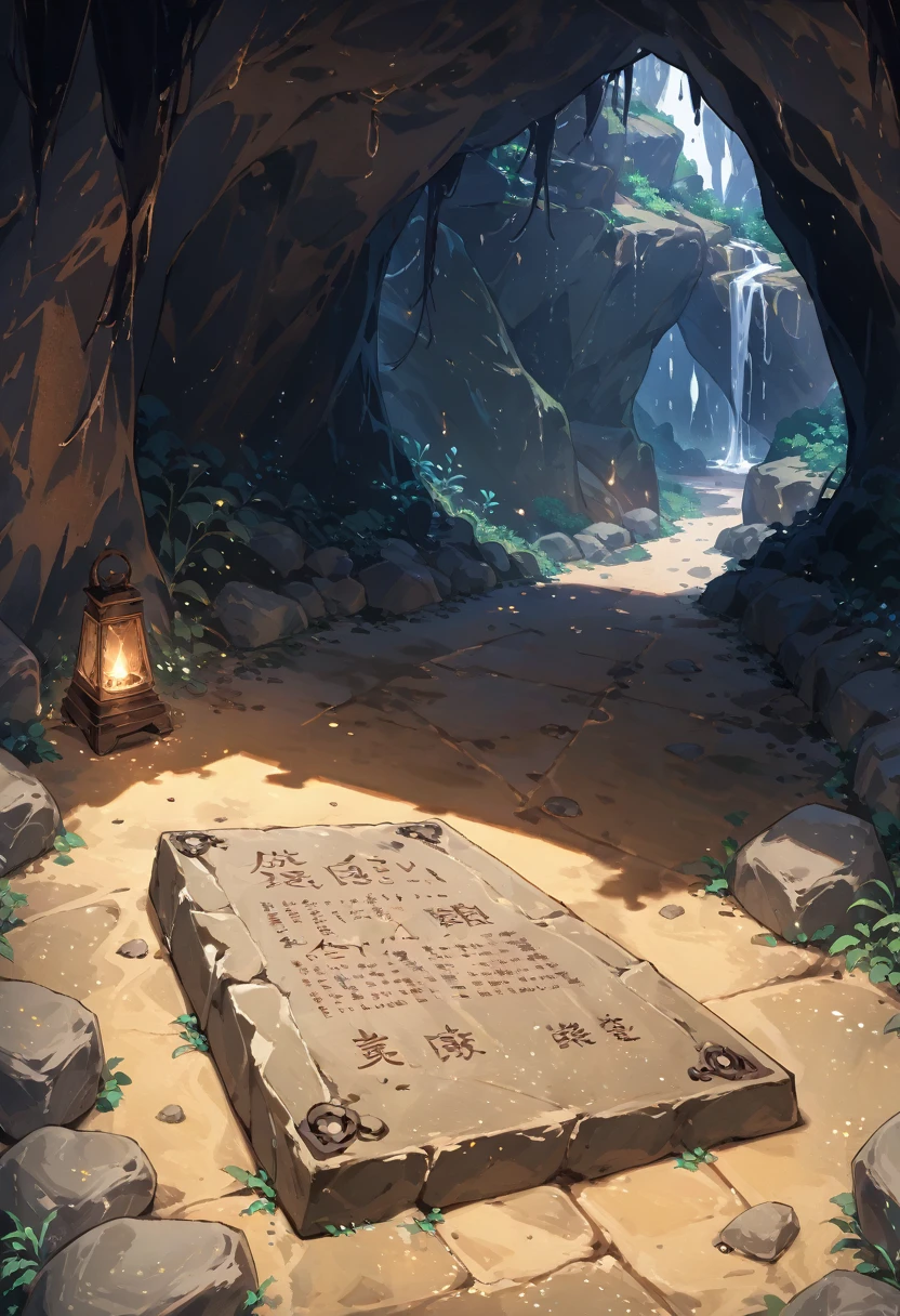 Stone tablet with writing on floor inside cave