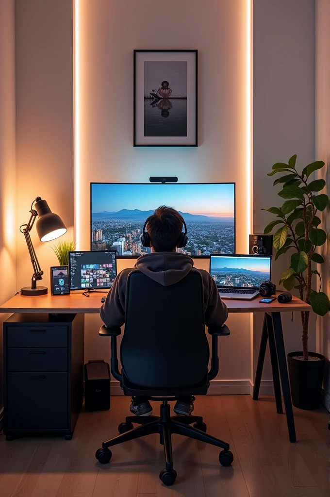 A youtuber's desk with dull white walls with LEDs