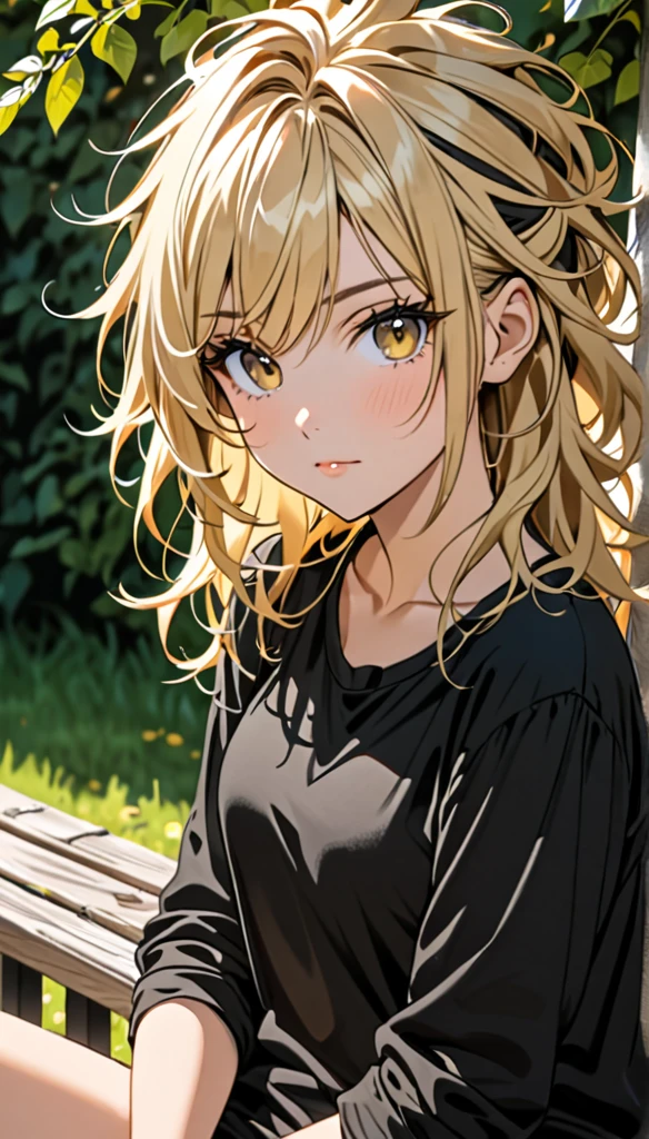 Beautiful and blond, messy styled hair, black shirt, sitting in a banch fancily, looking at the viewer