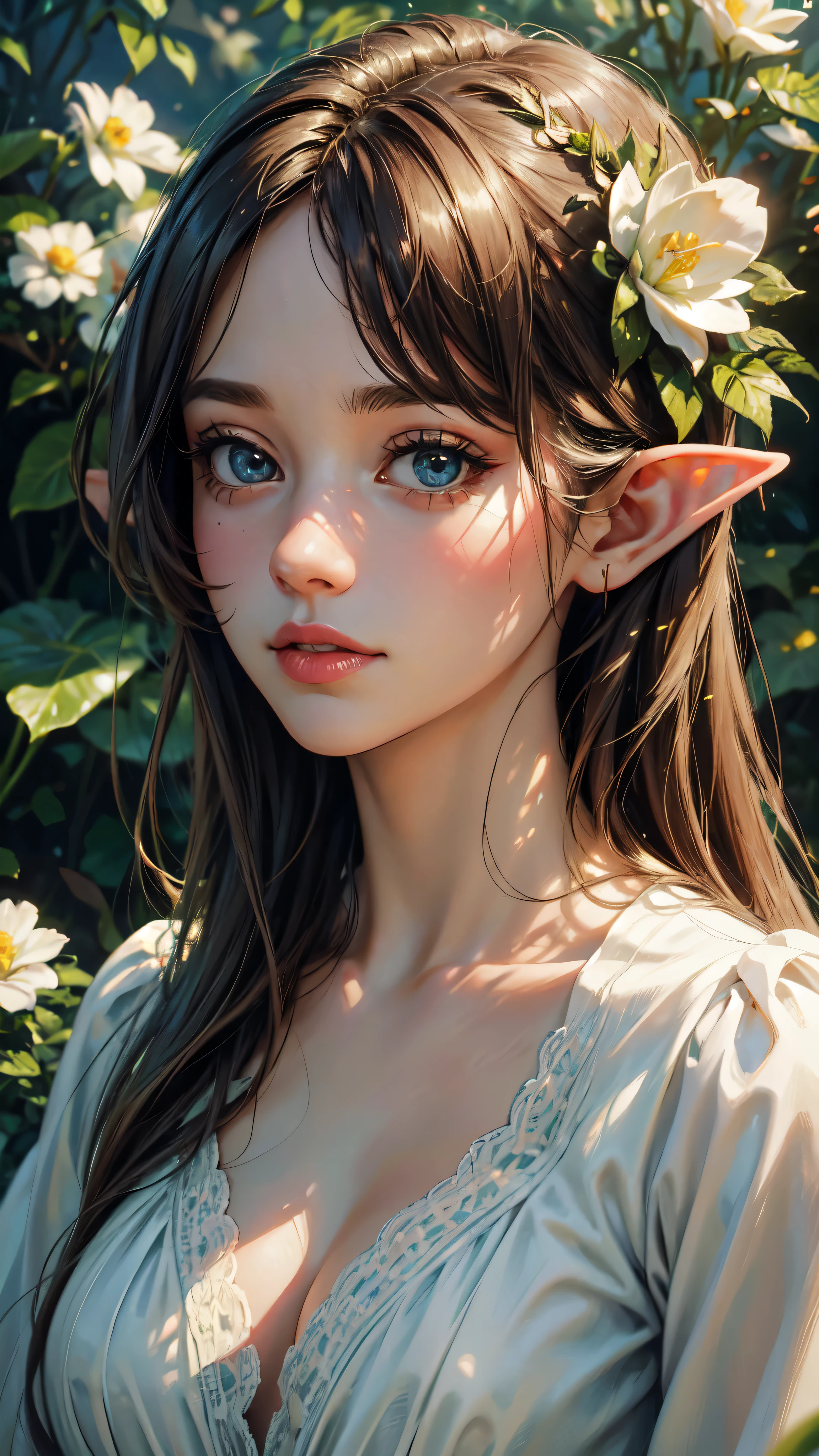 (highest quality,4k,8k,High resolution,masterpiece:1.2),super detailed,(realistic,photorealistic,photo-realistic:1.37),detailed and beautiful eyes,dense and beautiful lips,highly detailed eyes and face,long eyelashes,[garden, Bright colors,soft natural light,romantic atmosphere,vivid flowers, flowing dress,feminine and elegant pose,Happy and confident look, High fashion style, Dreamy scenery, fine art portrait, art print quality, oil painting techniques, impressionist style.etailed eyes, detaield hands, detailed face, elf woman, full body
