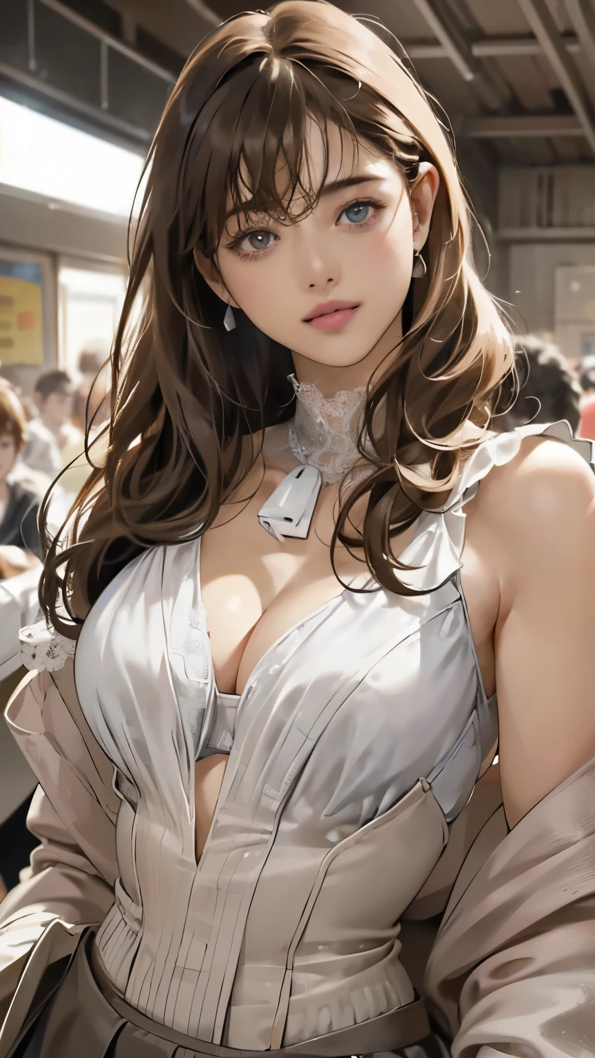 (In 8K、RAW shooting、Highest quality、Masseter muscle area:1.2)、Ultra-detailed、Ultra-high resolution、(Realistic、Realistic photos:1.37)、Portrait、High-resolution RAW color photos、Professional photography、hVery detailed and beautiful、Very detailed、8k wallpaper、Incredibly detailed、Large file size、Official Art、HVery detailed CG Unity 8K wallpapers、hVery detailed beautiful girl、Very detailed顔、Very detailed目、Very detailed皮膚、Very detailed指、hVery detailed nose、Very detailed詳細な口、Perfect Anatomy、Detailed Background、Detailed clothing、1people、(20:1.2)、20th Generation、cute、Realistic body、、White skin、Glowing Skin、The body is slim、Black-haired、((length))、(Messy bangs: 1.5)、cute顔、A vivid face、Delicate eyes、Source Order、((Full Body Shot))、Earrings、necklace、((Turn around and look at the man))、Cowboy Shot、Contrapo、Dynamic Lighting、((Firm D-cup breasts:1.5))、((Full nudity:1.5))、((In a crowded train))、((male1people))、((30:1.5))、((a man hugs her from behind:1.5))、((maleがシャツを開ける、Exposing the breasts:1.5))、((maleの首に腕を回す))、((a man is grabbing her breasts:1.5))、((Standing posture))、((I can see milk:1.7))、(The mini skirt sways sexily: 1.3)、((Sad look))、((She turned around and kissed the man.))、((maleの視点))、