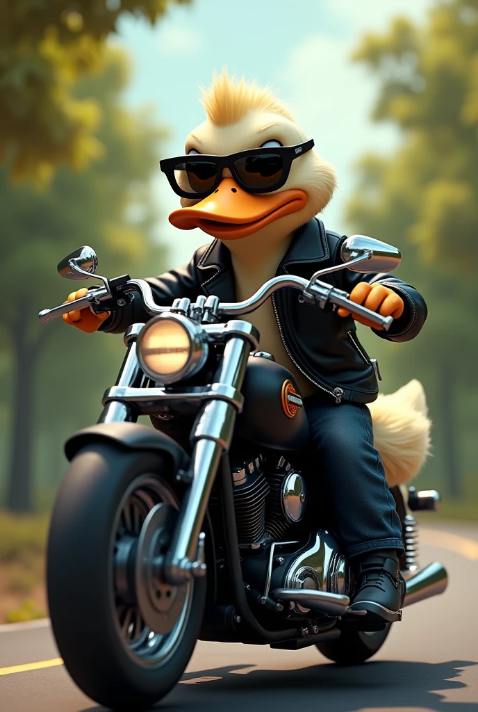 duck animal , with black glasses and leather jacket, riding a harley motorcycle with a landscape of trees