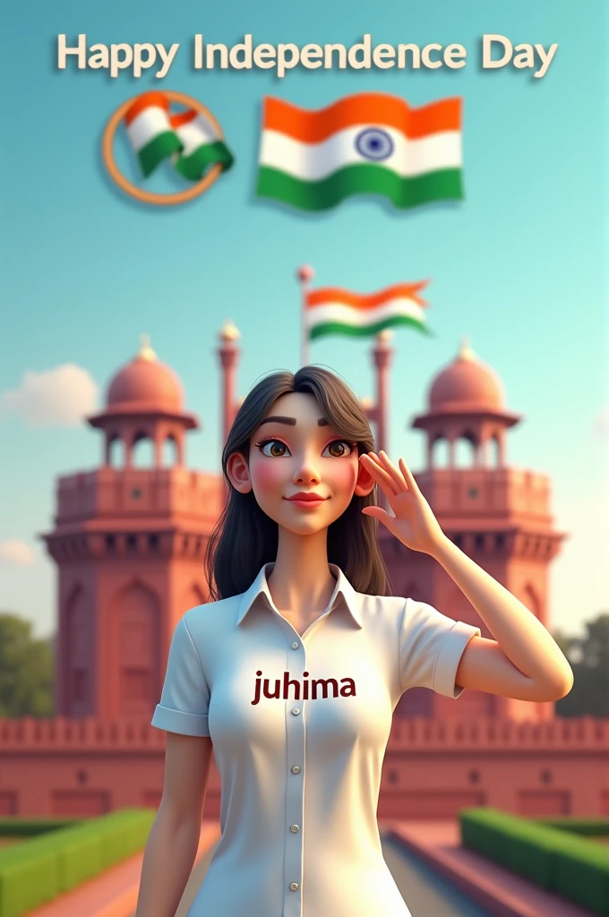 Create a 3D image of 22 years old girl is wearing White color shirt and saluting to indian flag and behind him red fort placed and hoisting flag on that, written”Happy Independence Day 2024″ on the sky and “juhima” is written on his shirt with bold letters and also in overall image has the divine background like indian republic day. Everyone is celebrating.
