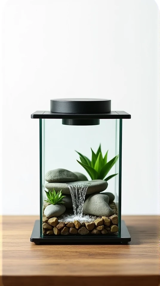 Create a detailed image of a rectangular glass terrarium that is wider than it is tall that contains a small natural waterfall made of stones, it must have a smooth black lid and base, it must be on a surface made of wood.
the background must be white