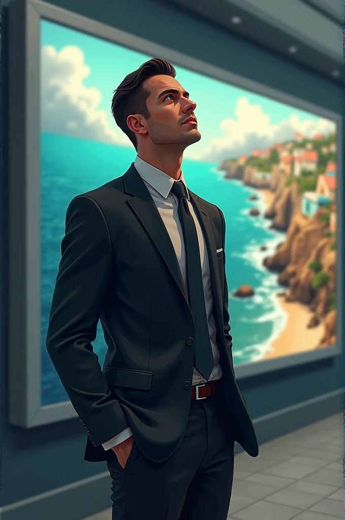 Busyman traveling in office dress thinking about traveling advertisement 