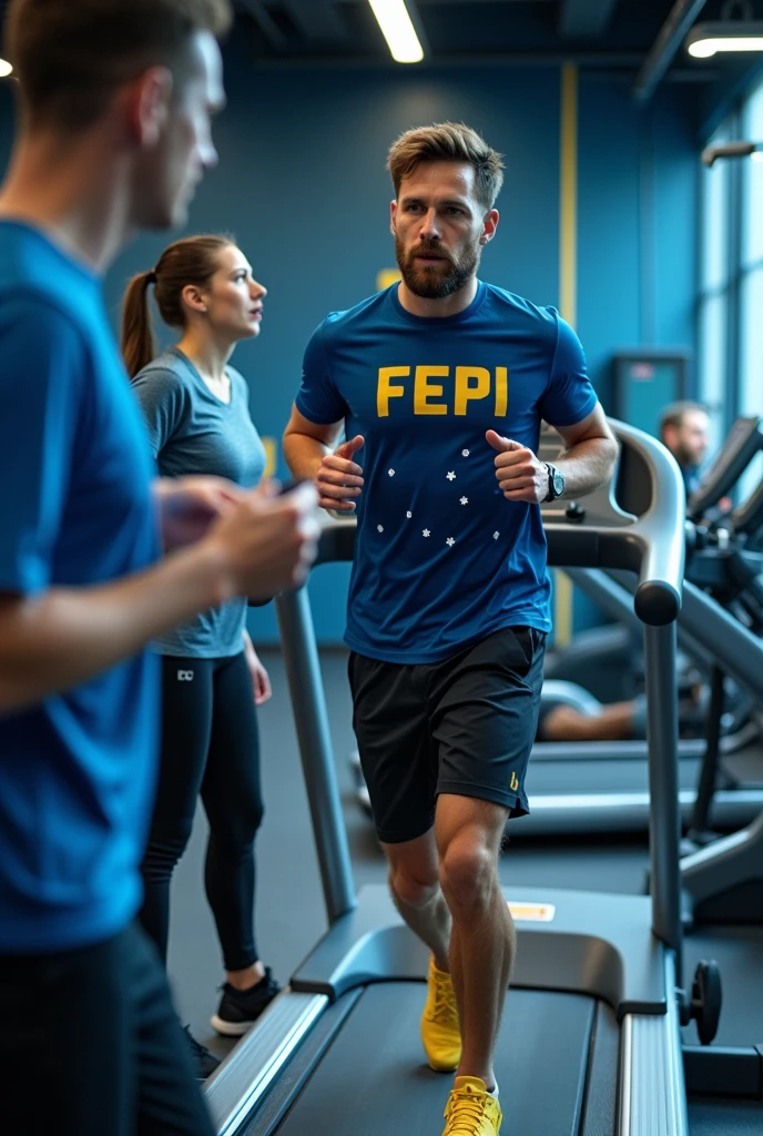 Have a trainer perform a human movement analysis on an athlete running on a treadmill with white dots on their joint. Have them both wear gym clothes with a blue t-shirt and FEPI written in yellow and blue at the back of the room..
