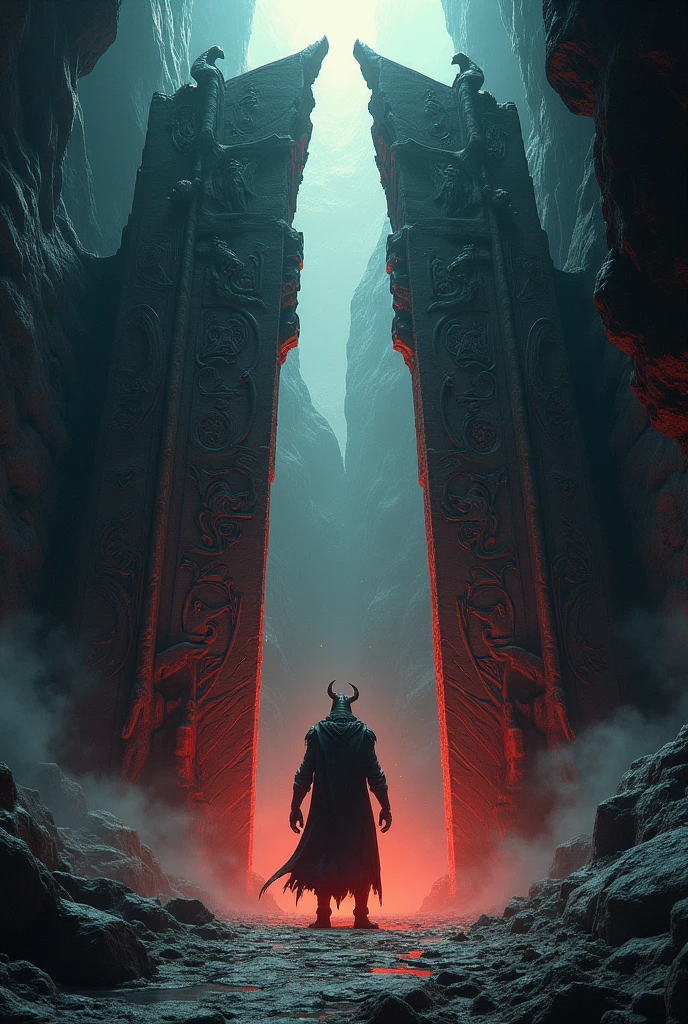 red evil giant gates of a dungeon with ancient runes in a dark gloomy cave of darkness