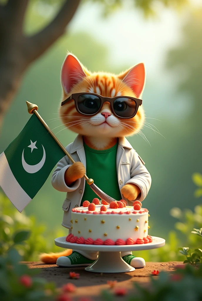 A cat is cutting a cake with a knife with a natural background in Pakistan They are holding a flag in celebration of August 14 of Pakistan.     The cat is wearing a green t-shirt, a white jacket, white pants, green shoes and sunglasses.