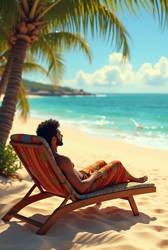 Moroccan Colombian on a deckchair at the beach.