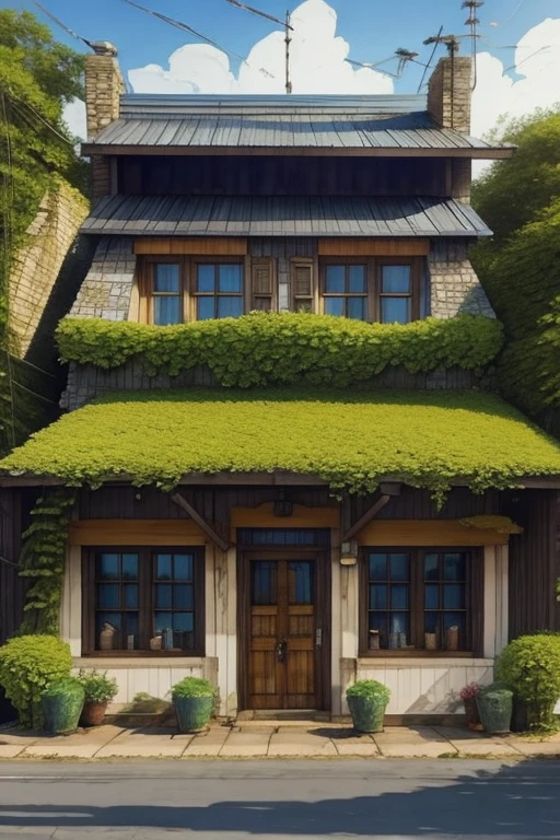 A beautiful modest stone building business with a wooden sign over the door stating "The Cantata Parlor Supper Club and Spa"  No electricity. old English thatch roof style