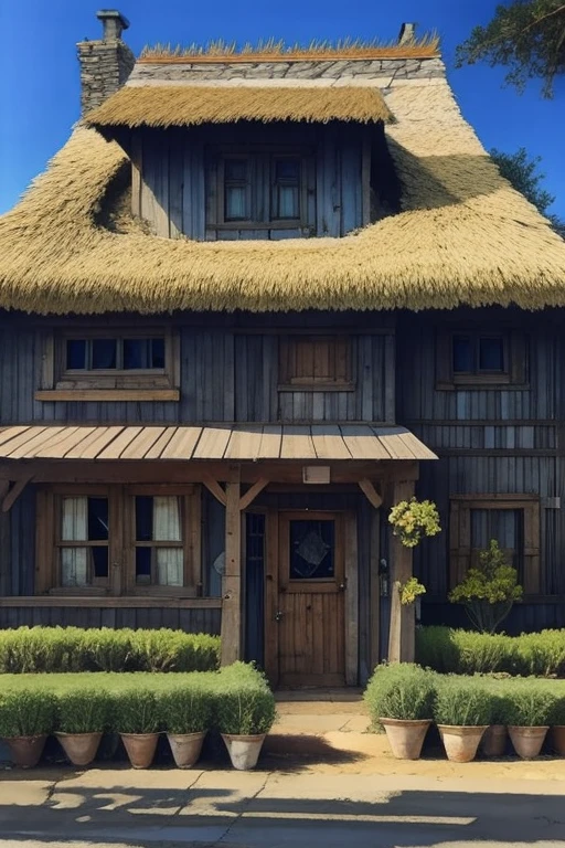 A beautiful modest stone building business with a wooden sign over the door stating "The Cantata Parlor Supper Club and Spa"  No electricity. old English thatch roof style
