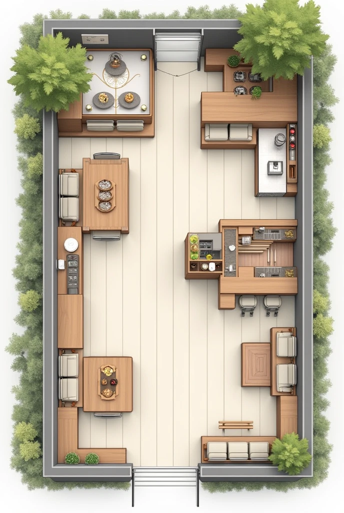 create a coffee shop floor plan with neutral colors, with a place to take pictures, small bathroom, tables to sit outside and inside, the kitchen is open so that customers can see how it is being prepared