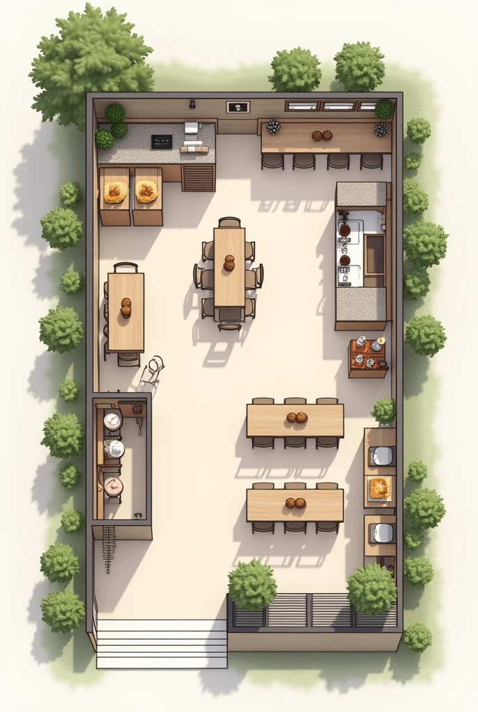 create a coffee shop floor plan with neutral colors, with a place to take pictures, small bathroom, tables to sit outside and inside, the kitchen is open so that customers can see how it is being prepared