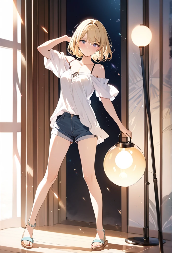 ((masterpiece)),(((Highest quality))),Thin thighs,Long legs,whole body:1.5,(One Girl:1.3),(More beautiful casual summer outfits:1.3),(Wearing light casual clothes:1.2),Short Blonde:1.2、Model pose,Gravure idol、
、flowerpunk、Sparkling light particles、Vivid gradient effect
