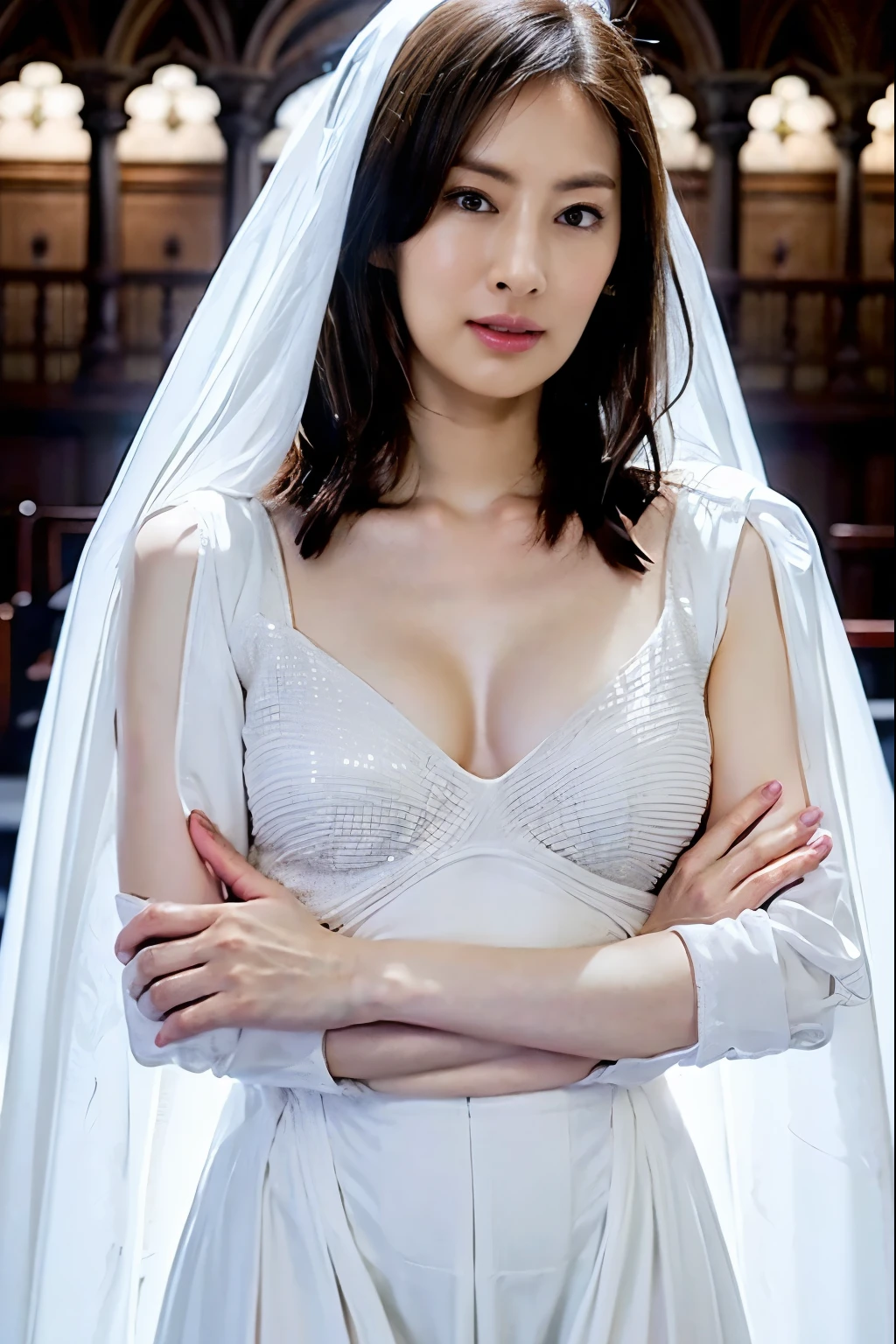 Naked Bride." shape, Big Breasts, Beautiful nipples, Perfect body, whole body , Church wedding,  (((There were many participants behind her..))).  (((white transparent wedding dress, Cape, Veil, Transparent Micro Panties, Transparent Micro Bra, Fishnet tights.))) . Thick pubic hair. ,(Highest quality, 4K, 8k, High resolution, Tabletop:1.2), Very detailed, (Realistic, Realistic, Photorealistic:1.37), Royal, Enchanting, (Vibrant colors, Sharp Chest:1.1), Soft lighting"Writhing expression. The most beautiful woman in town.