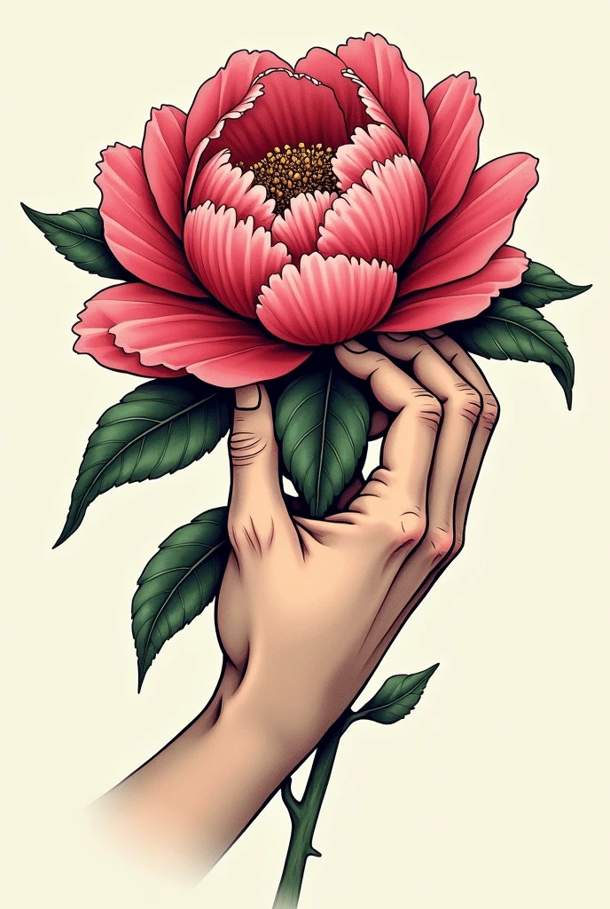 I created a peony with one hand holding it with color harmony and in tattoo style