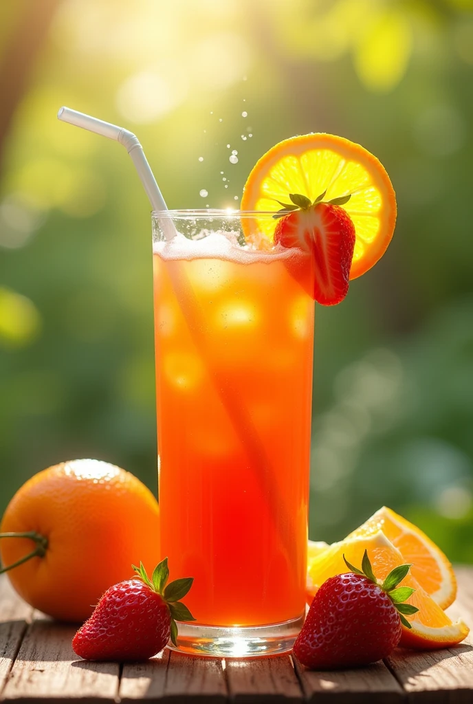 make an advertisement for an orange juice with strawberries