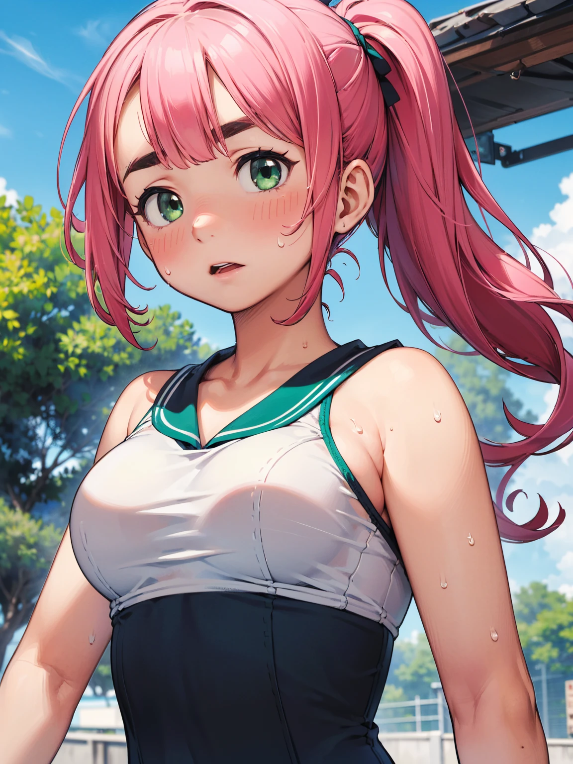 8K quality,(super masterpiece:1.3),Highest quality,Detailed Images,1 female,symmetrical beauty,10th Generation,Medium build,(Surprised expression,Troubled face,blush,bright red,Sweat),(Pink Hair,Long Hair,High Ponytail),(Thick eyebrows,Thick eyebrows),(Droopy eyes,Green Eyes,Green Eyes,Bright Eyes),(Large Breasts,F cupの胸),Tan Skin,(School Swimsuit),(Draw the whole body),(Face directly towards the camera,Looking directly at the viewer,looking at the camera,The body faces the viewer,The body is facing the direction of the camera,Face looking straight into the camera).