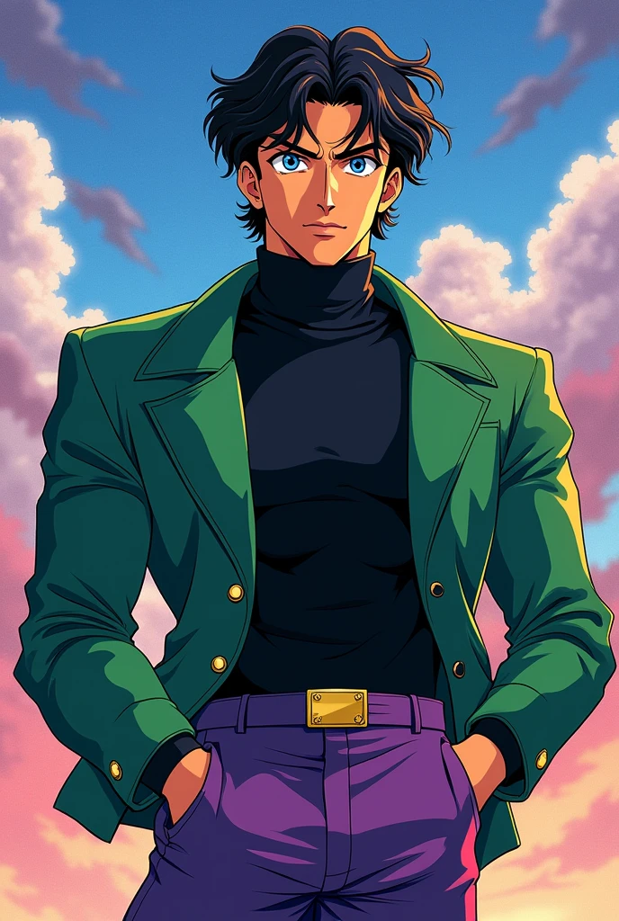Mamoru chiba sailor moon 90's anime style, middle hair and fluffed, blue eyes, purple pants, green jacket, black sweater and muscular body with abs