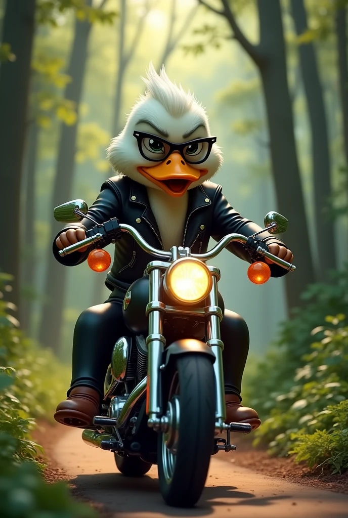 duck animal , with black glasses and leather jacket, mounted on a Harley motorcycle with a landscape of trees with the doll facing forward