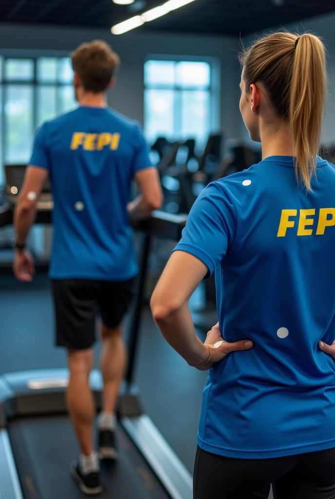 Have a trainer perform a human movement analysis on an athlete running on a treadmill with white dots on their joint. Have them both wear gym clothes with a blue t-shirt and FEPI written in yellow and blue at the back of the room..