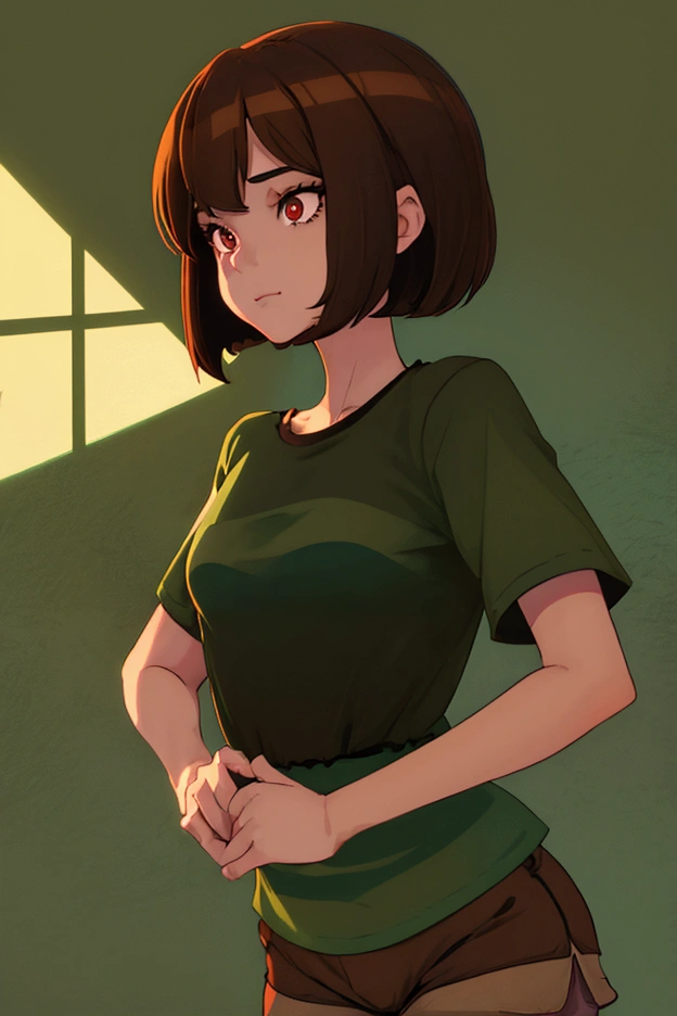 ((best quality)), ((masterpiece)), (detailed), Undertale Chara, brown hair, (brown shorts: 1.3), bob cut, short hair, black pantyhose, (green shirt: 1.3), red eyes, (1girl: 1.3), (solo: 1.3), stripes, striped shirt tetas con una altura de 2 y 1.0 centimeters y un grosor de 1.0 centimeters hentai rule34 por sex