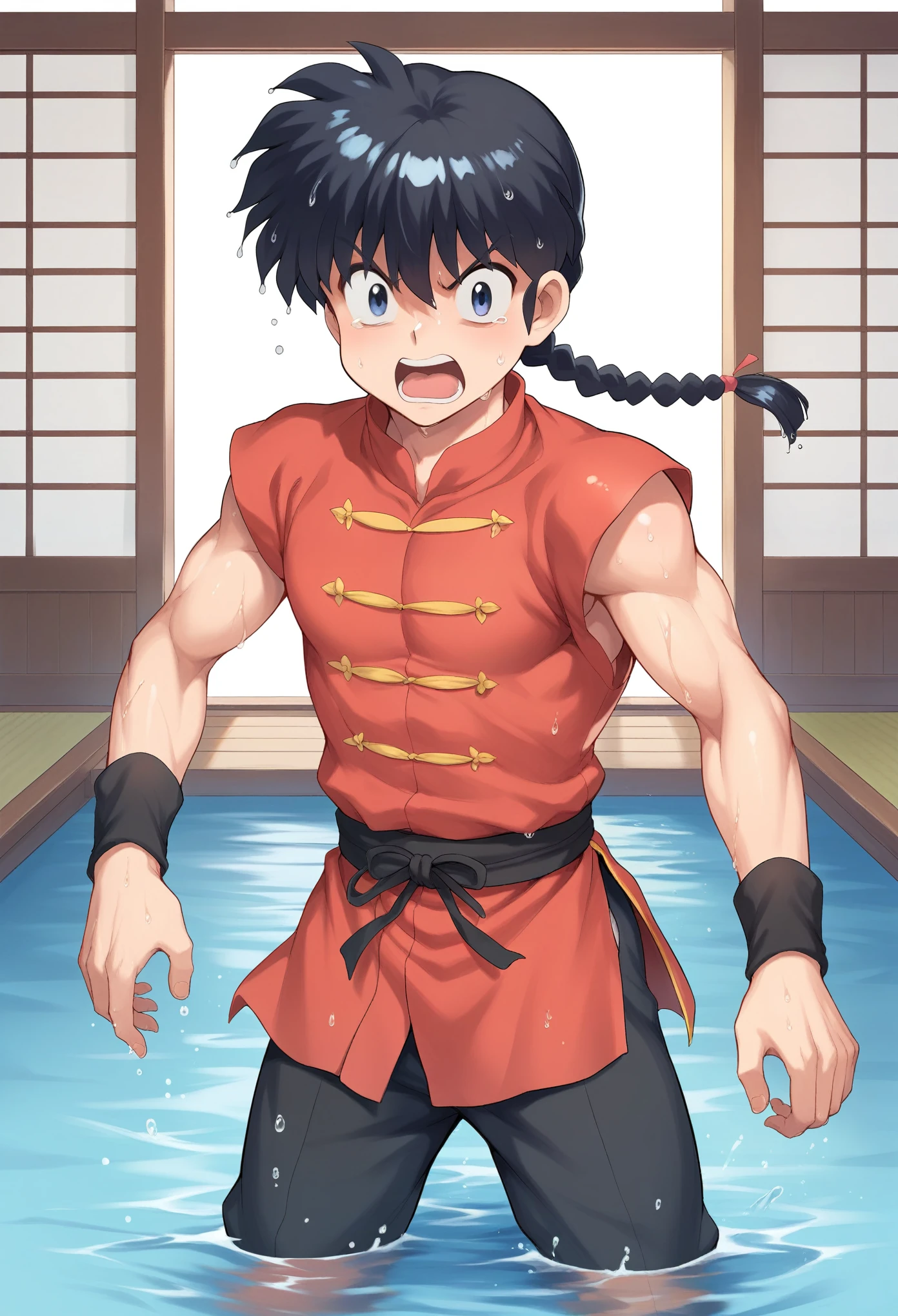 score_9, score_8_up, score_7_up, 1boy, solo, , male focus,ranma saotome, braid, black hair, single braid, braided ponytail, blue eyes, pants, chinese clothes, tangzhuang, black wristbands, water, all wet, water jet, throwing him water, scared, standing, looking at you, inside a dojo