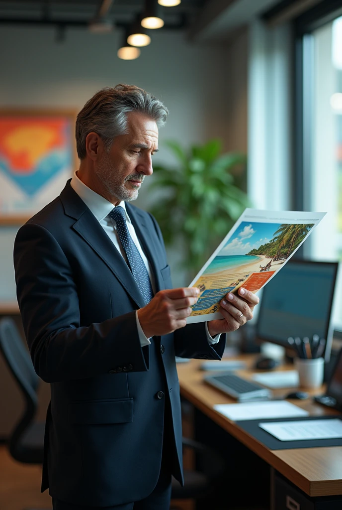 Busyman traveling in office dress thinking about traveling advertisement