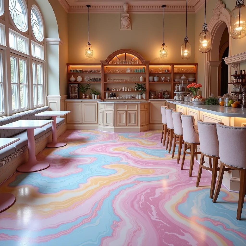 rainbow marbleized fire place #stage #cafe #shop rainbow pastel rainbow tile marbleized floor professional enchanted magical fairy tale rainbow milk on the tables rainbow pastel marbleized counters and tables #rainbowmarblizedcountertops #rainbowpastelresientables 
