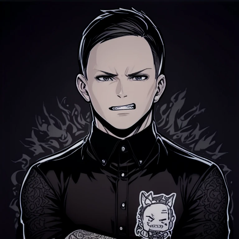 A rugged middle aged male detective character at night in the woods, with a gun pointed at something offscreen. Theres also a small fleet of cops behind him one with a brown dog barking on a leash. The woods are spokky and gothic like