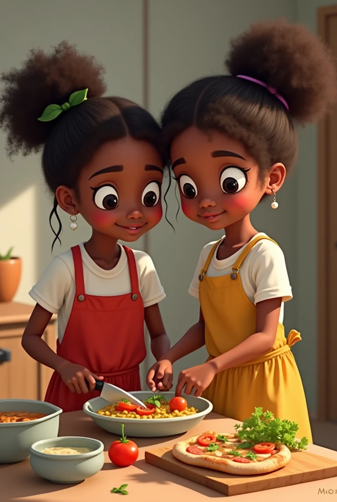 A Day in the Life of Hansel and Gretel"
context: Hansel and Gretel are siblings who live in a house where the family is trying to adopt healthier eating habits... today, their mother is a little busy, and they need to make some food decisions on their own. One of them is wearing pants and the other is wearing a dress. Eles são negros.
Parte 4: O Jantar
a) A mãe pede uma pizza e serve com refrigerante.
b) Eles preparam uma sopa de legumes e um suco natural. Faça eles com a mesma aparência da imagem anterior.