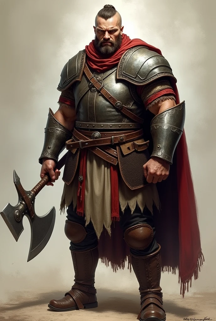 Create an image of a Slavic warrior standing front-facing, with a visible, stern expression on his face. The warrior is well-built and muscular, holding a sword or an axe firmly in one hand. He is dressed in traditional Slavic light armor, featuring leather and metal elements, with intricate patterns typical of Slavic culture. His outfit includes a tunic under the armor, with a belt, armguards, and boots, all reflecting historical accuracy. The background should be simple, with a focus on the character's detailed armor and weapon, ensuring the warrior's features are prominent and ready for animation