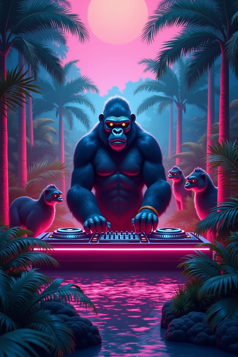 a jungle setting with palm trees and a lagoon in the middle, with an ongoing party of animals, a gorilla in the middle as the disc jockey with a big sound system, art deco style, (best quality,4k,8k,highres,masterpiece:1.2),ultra-detailed,(realistic,photorealistic,photo-realistic:1.37),stunning illustration,lush tropical forest,detailed gorilla dj,elaborate sound system,neon lights,vibrant colors,glamorous party,dynamic composition,mesmerizing atmosphere
