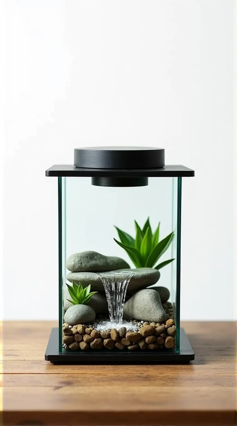 Create a detailed image of a rectangular glass terrarium that is wider than it is tall that contains a small natural waterfall made of stones, it must have a smooth black lid and base, it must be on a surface made of wood.

the background must be white