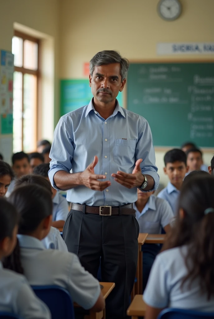A male Indian school teacher teaching practical seating wear black pants similar person another poses 