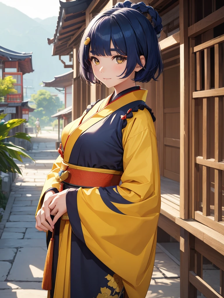 (Xiangling), 1girl, wearing a dark yellow colour long Japanese kimono, at a village, (dark blue colour short hair),(Xiangling's hair style) 8k, high detailed, high quality