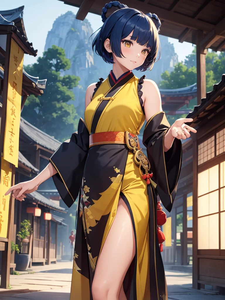 (Xiangling), 1girl, wearing a dark yellow colour long Japanese kimono, at a village, (dark blue colour short hair),(Xiangling's hair style) 8k, high detailed, high quality