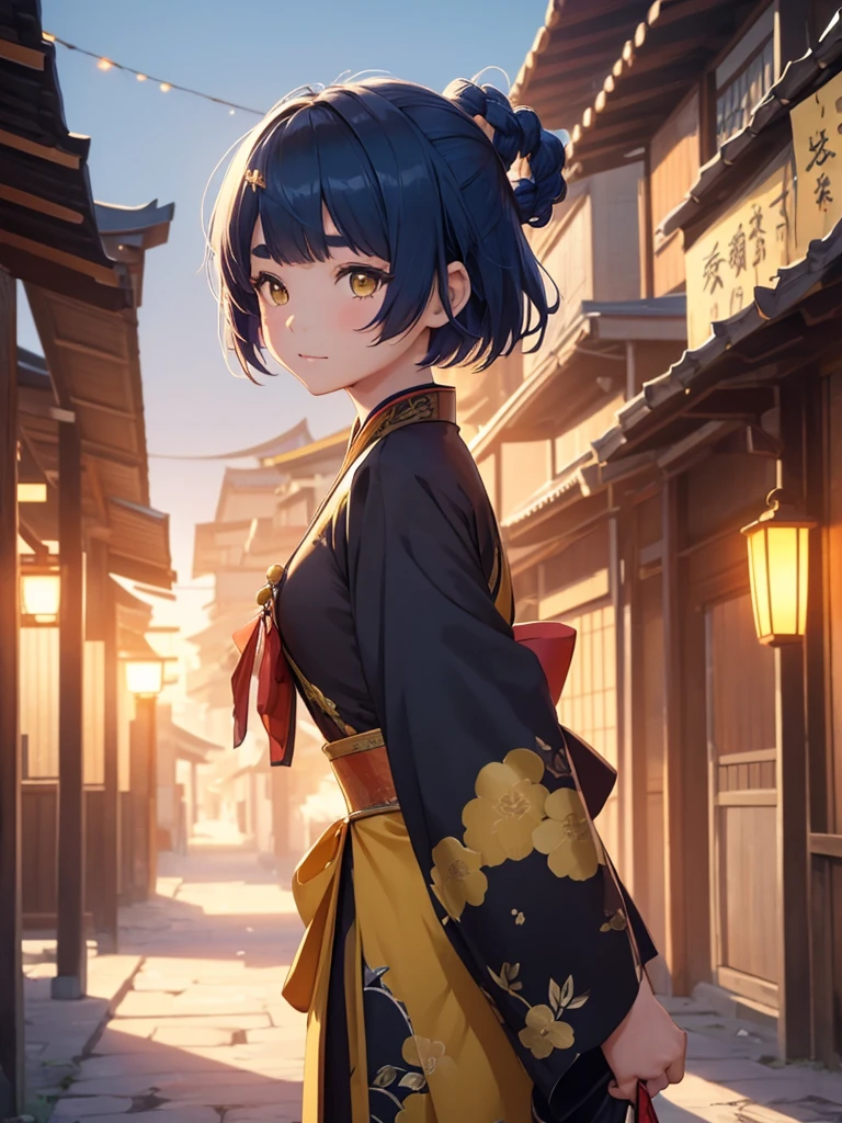 (Xiangling), 1girl, wearing a dark yellow colour long Japanese kimono, at a village, (dark blue colour short hair),(Xiangling's hair style) 8k, high detailed, high quality