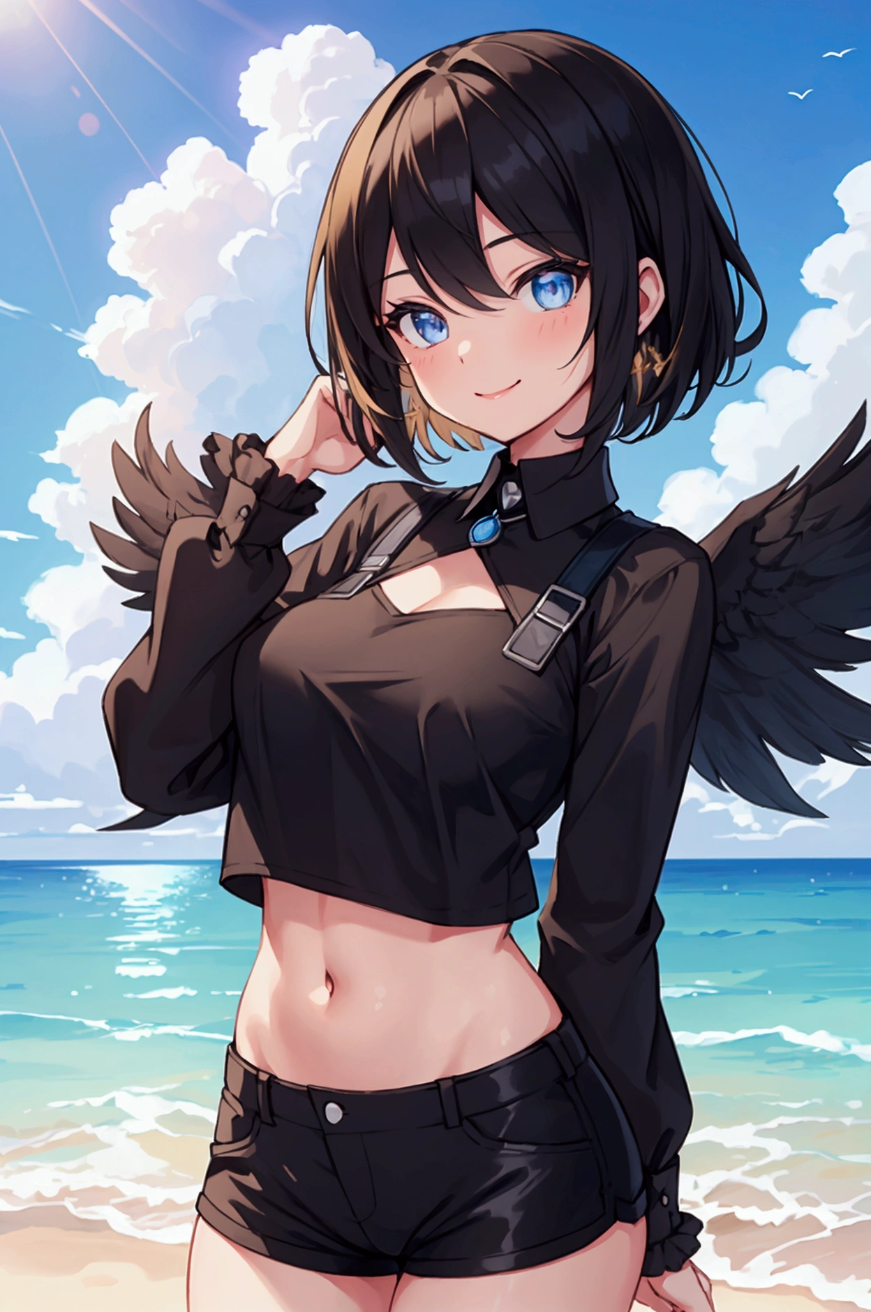 ultra-detailed:1.3), (illustration:1.2), (black color hair, beautiful detailed eyes)1.1, (high resolution), (solo), (1 girl), thighs , smile face , black short hair, intake, (solid shirt)1.0, hot pants,NSFW,midriff peek fluffy hair, blond eyes, private style, beachside background, blue sky, standing