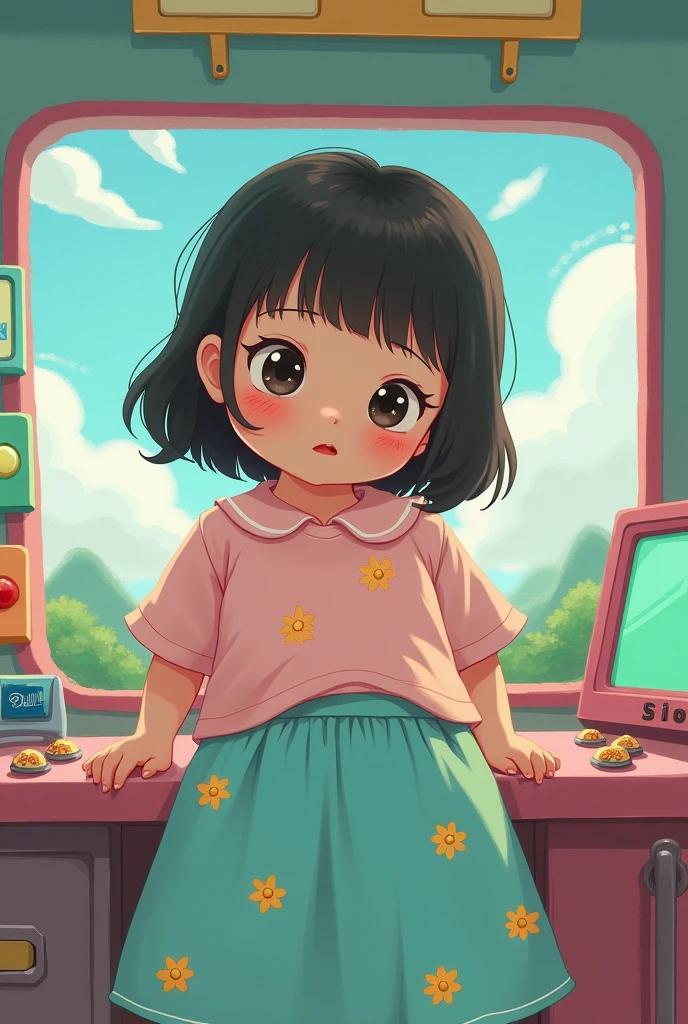 An emotion of a chubby, alone, funnily girl in a pastel pink shirt and a pastel turquoise skirt with pastel yellow flower details inside the funnily control room 