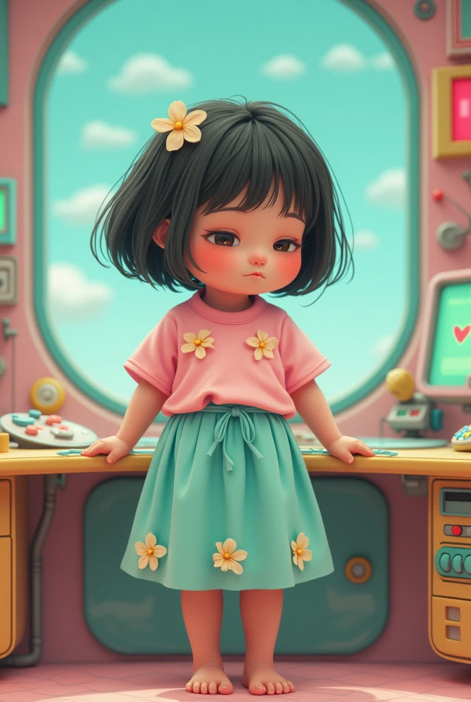 An emotion of a chubby, alone, funnily girl in a pastel pink shirt and a pastel turquoise skirt with pastel yellow flower details inside the funnily control room