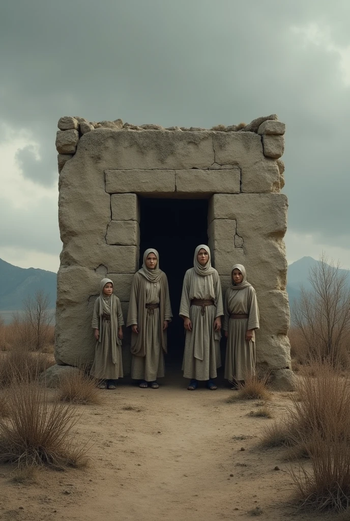 vast, barren landscape with distant mountains under a gray, overcast sky. A small, worn-down stone house stands in the center, surrounded by sparse vegetation, reflecting a land struck by famine. Three women, one elderly (Naomi) and two younger (Ruth and Orpah), stand at the doorway, dressed in simple, worn clothes, their faces filled with sorrow. The scene captures the atmosphere of loss and despair."