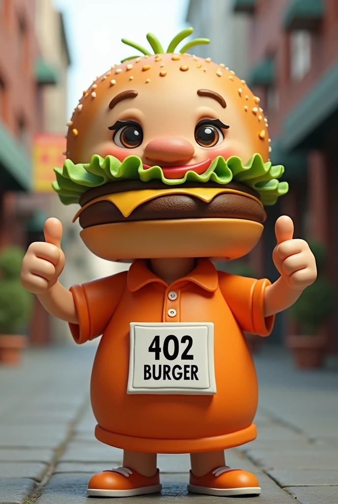 Design a doll with the ingredients of a hamburger, where the ingredients form his eyes, he has a polo shirt and holds a sign that says 402 BURGER, with urban style and orange color that is genderless that is making the thumbs up gesture