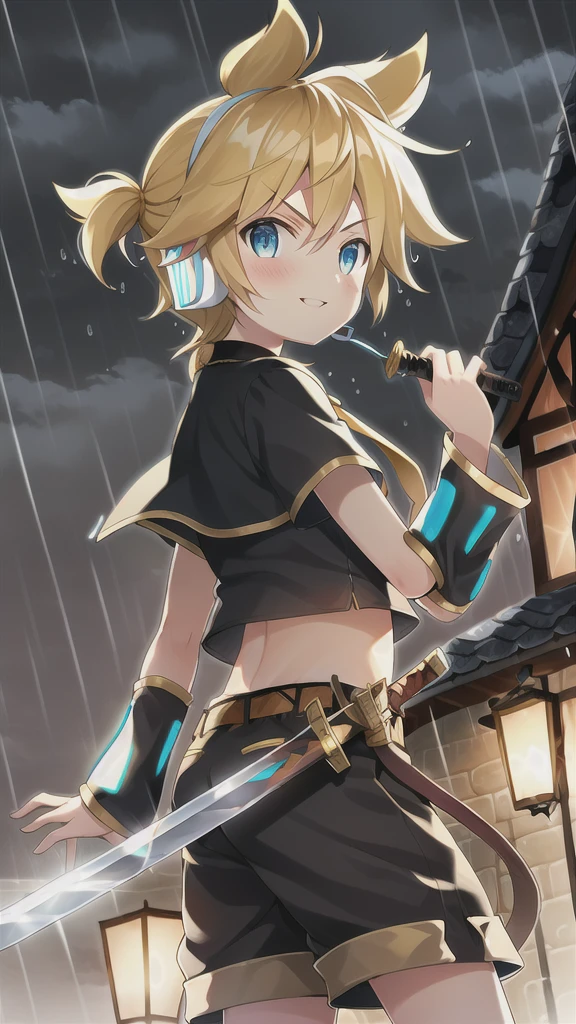 10 year old boy, Kagamine Len, cute, side view, over small crop top, shorts, necktie, earphone, parted lips, light blush, holding a medieval style sword in a rainy dark night, confidently smiling, serious